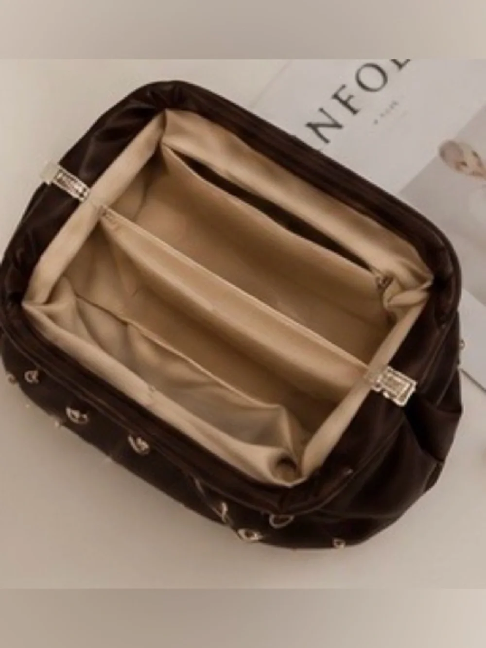 Luxe Studded Draped Leather Clutch in Rich Chocolate Brown